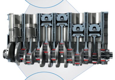 Cutaway model of an engine block with crank drive and plain bearings